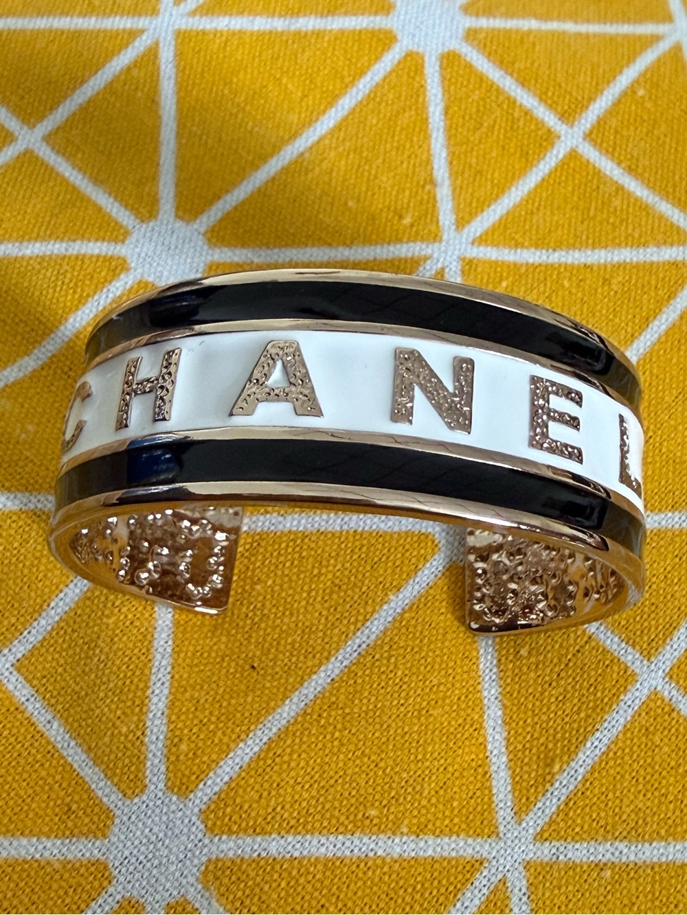 CHANEL Black, White & Gold Logo Enamel Cuff Bracelet
